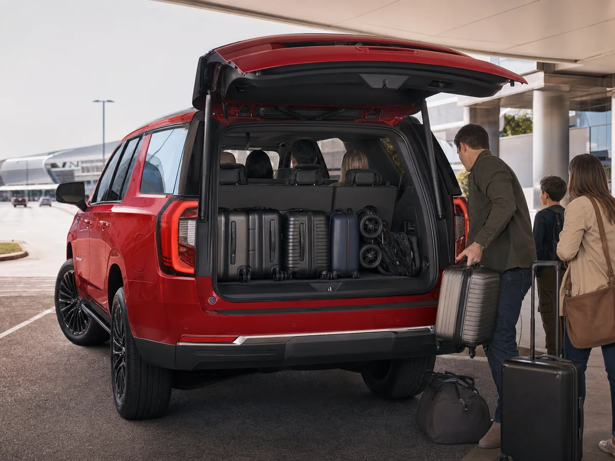 Family loading carry-on bags and a stroller behind the occupied third row of a 2026 GMC Yukon XL - GMC Yukon