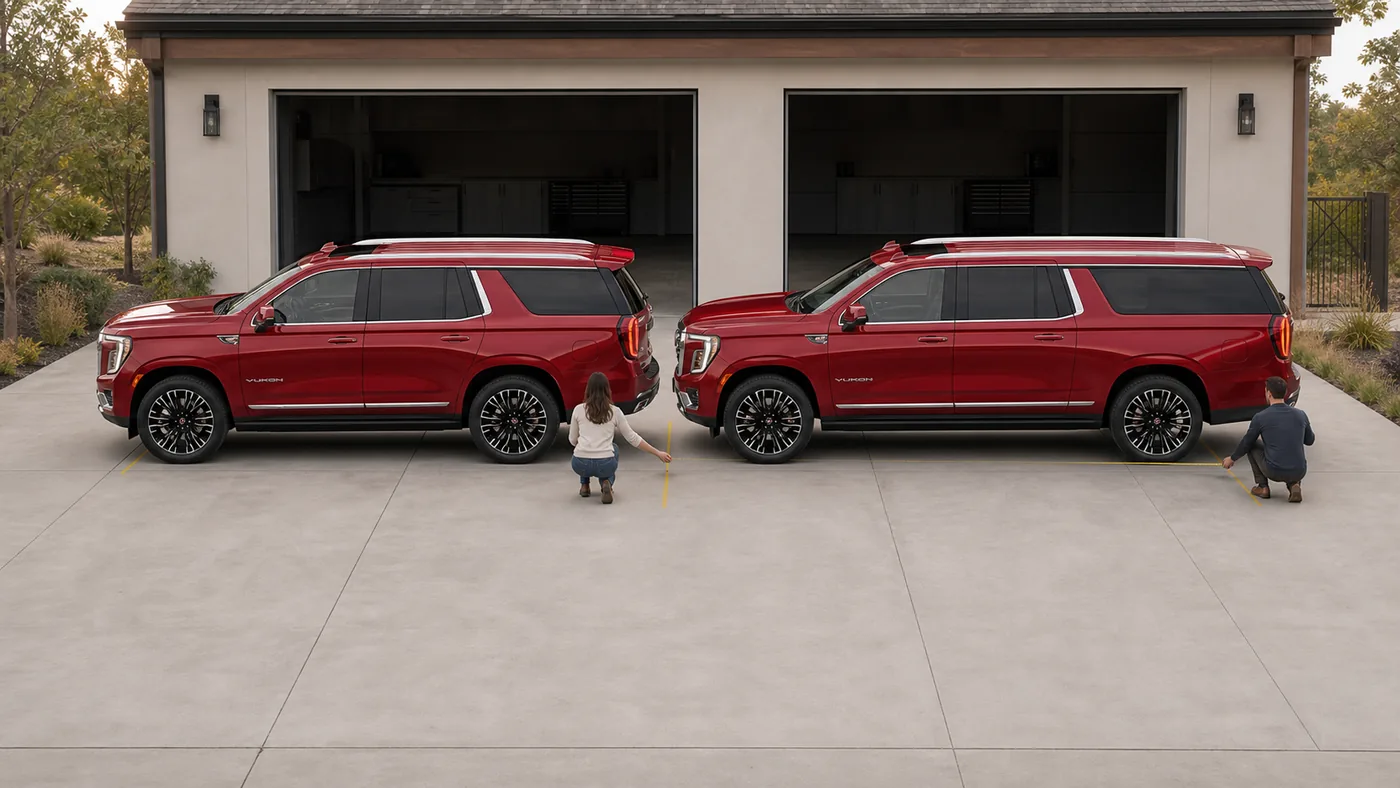 2026 GMC Yukon and Yukon XL parked side by side while owners measure garage clearance - GMC Yukon