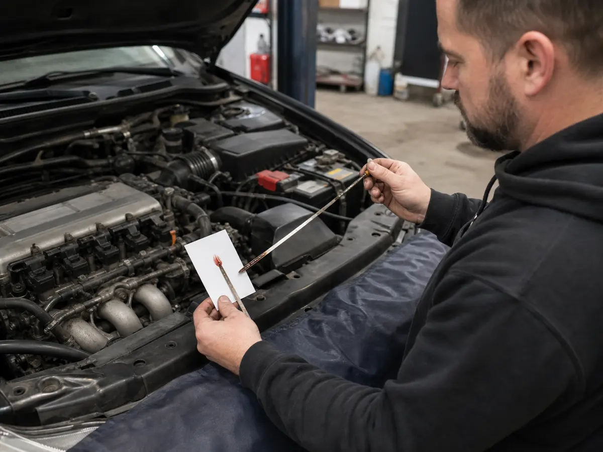 Mechanic comparing engine oil and transmission fluid during an Accord inspection - Honda Accord