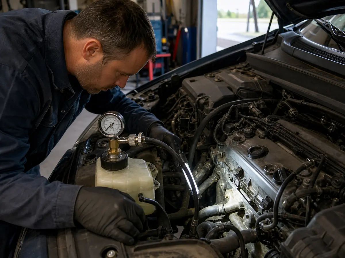 Technician pressure-testing a cold compact-car cooling system - Honda Civic