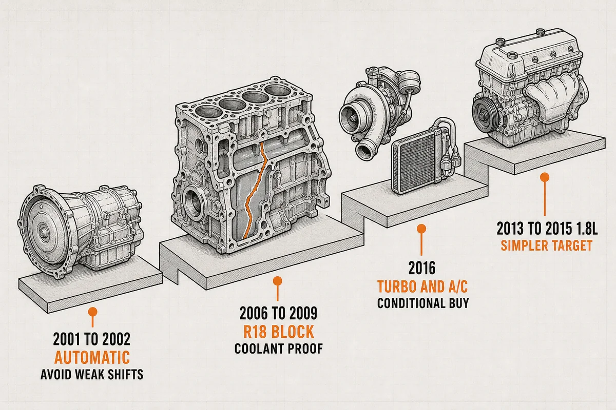 Diagram mapping Civic generation breaks to transmission, engine block, and turbo checks - Honda Civic
