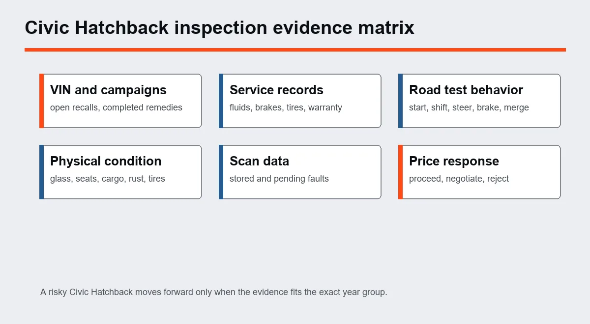 Matrix of Honda Civic Hatchback inspection points and the evidence that clears each