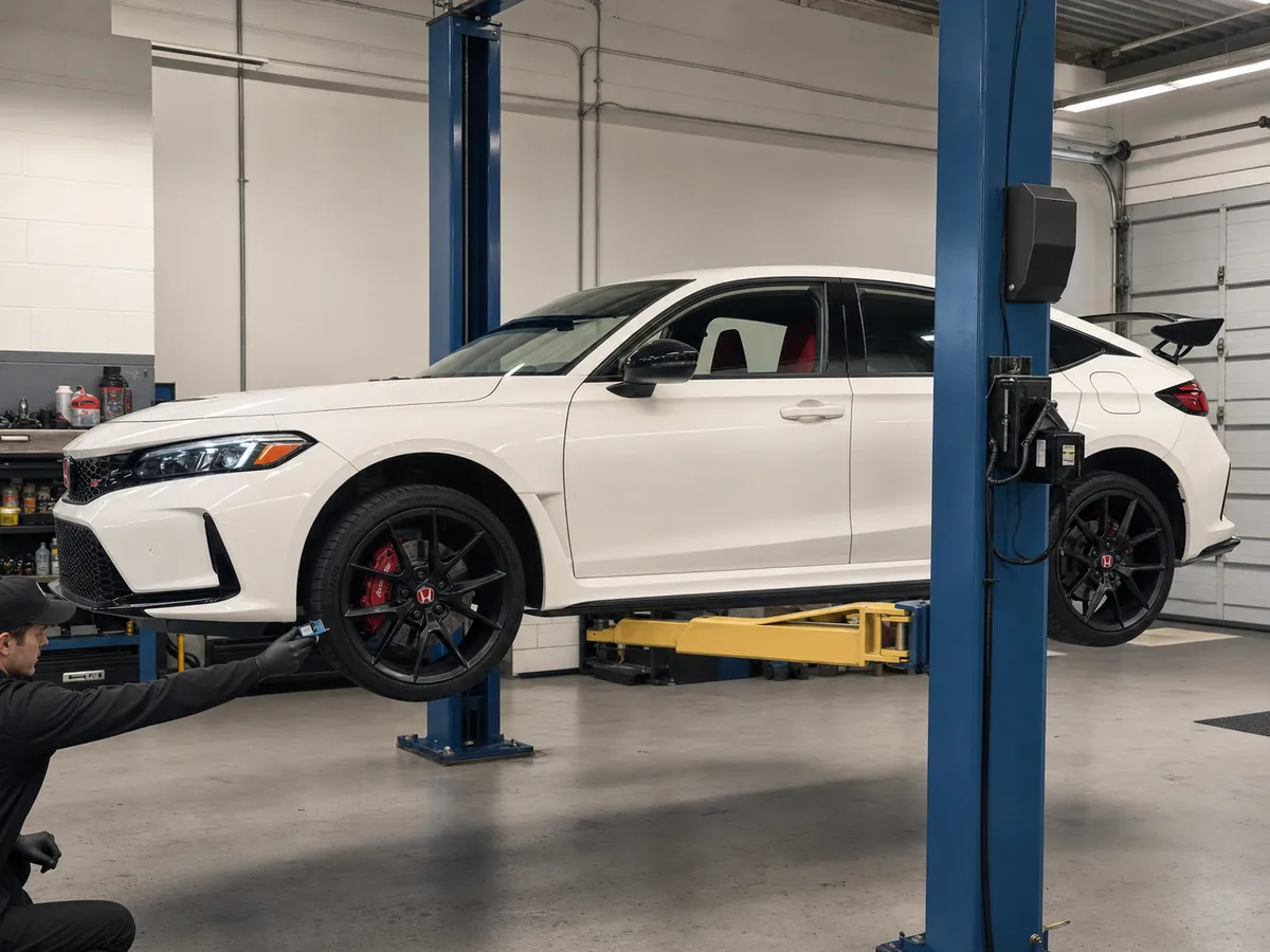 Honda Civic Type R on a workshop lift for tire, brake, cooling, and modification checks - Honda Civic Type R