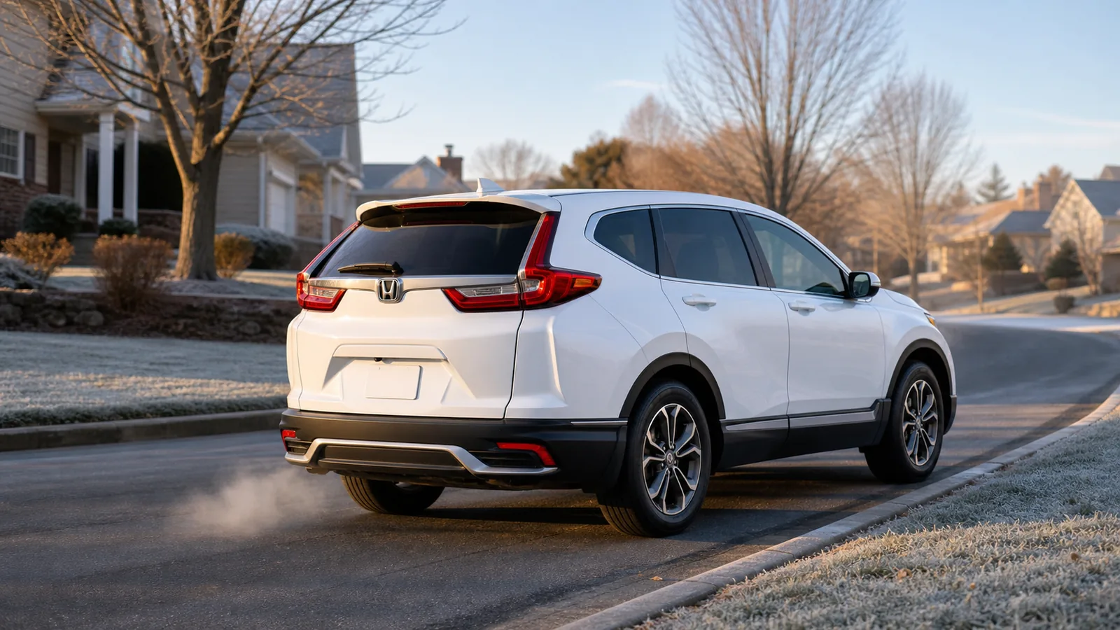 Honda CR-V leaving a neighborhood on a cold morning