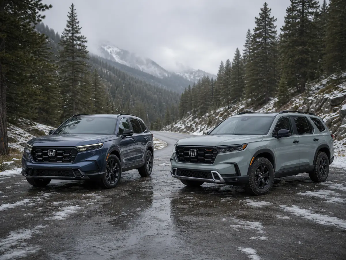 Front-drive and AWD Honda CR-V Hybrid models on a wet snowy access road