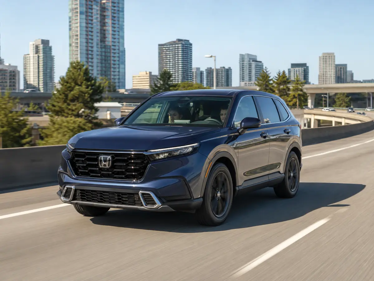 Honda CR-V Hybrid carrying passengers on a city-to-highway test route