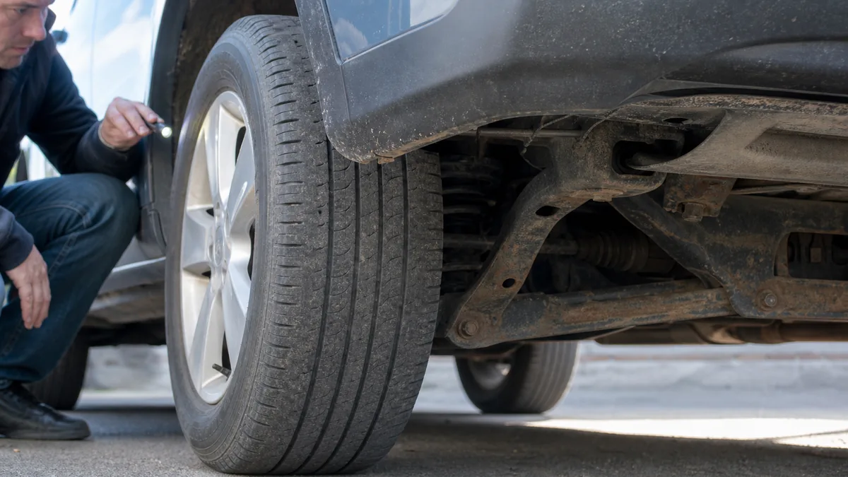 Used compact SUV receiving a tire and underbody inspection - Honda CR-V