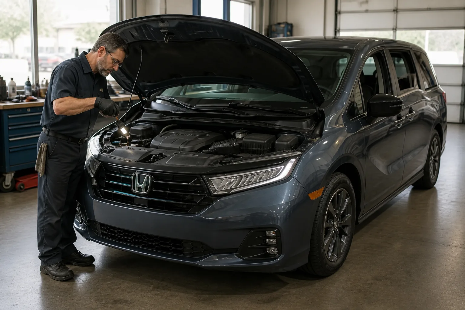 Fifth-generation Honda Odyssey receiving an engine oil and service-evidence inspection