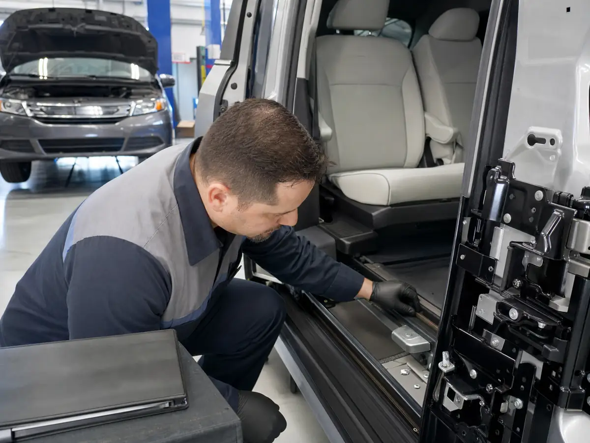 Technician inspecting a Honda Odyssey sliding door while reviewing V6 service records - Honda Odyssey