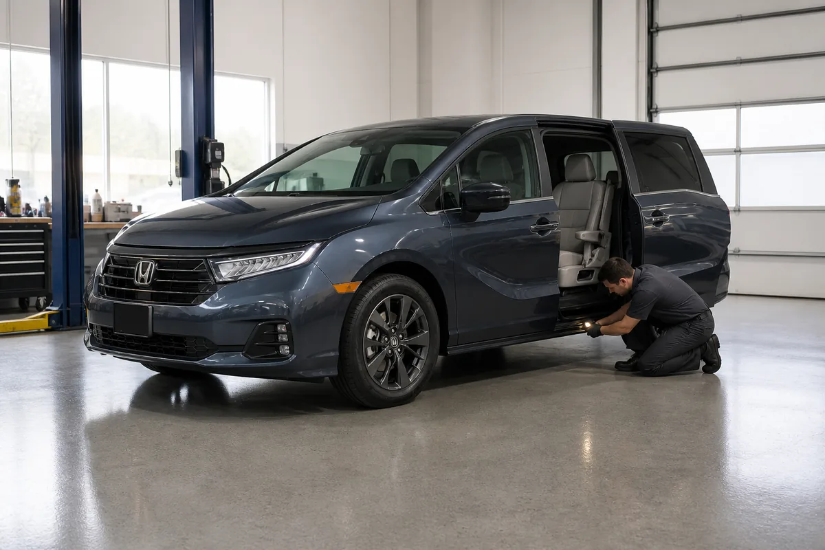 Current-generation Honda Odyssey with its sliding door open during a door-track inspection