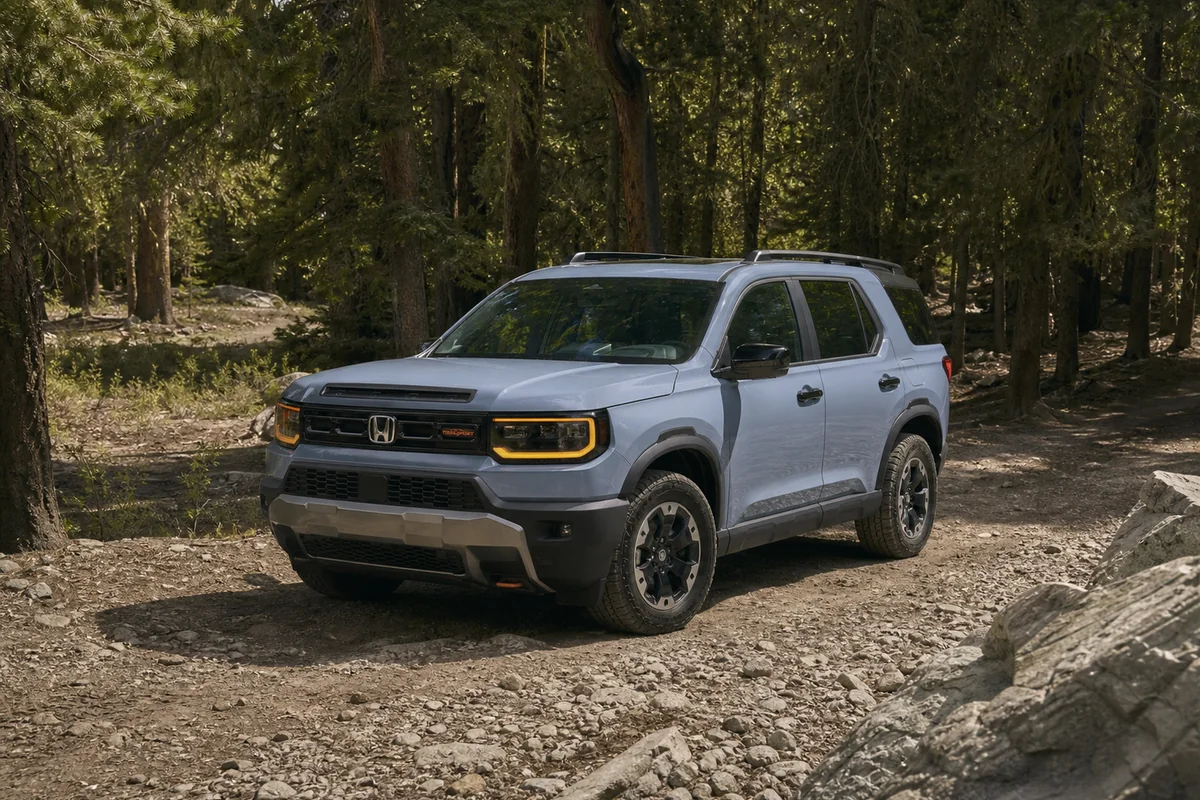 2026 Honda Passport TrailSport stopped on a maintained rough road for tire, clearance, and route assessment - Honda Passport