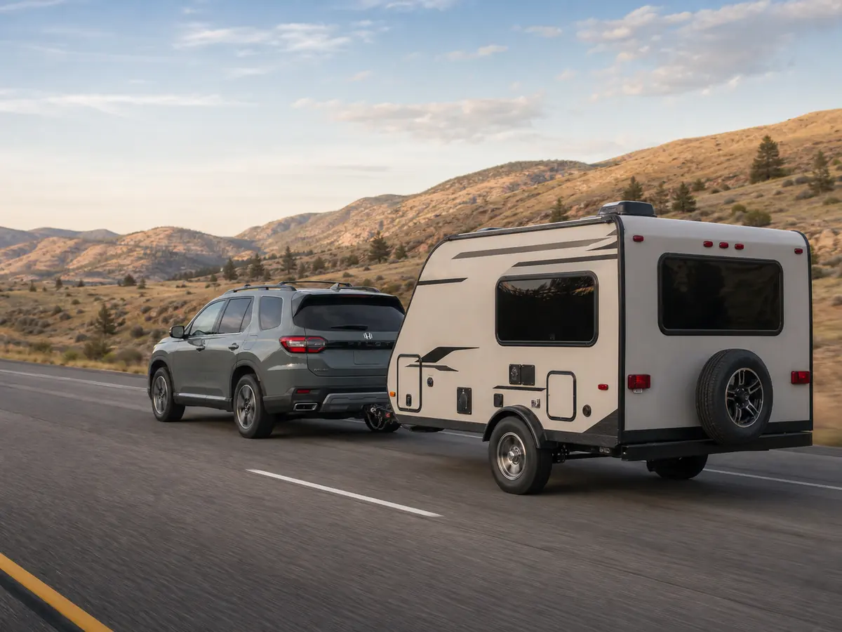 Gray Honda Pilot towing a modest single-axle camper on a rolling highway