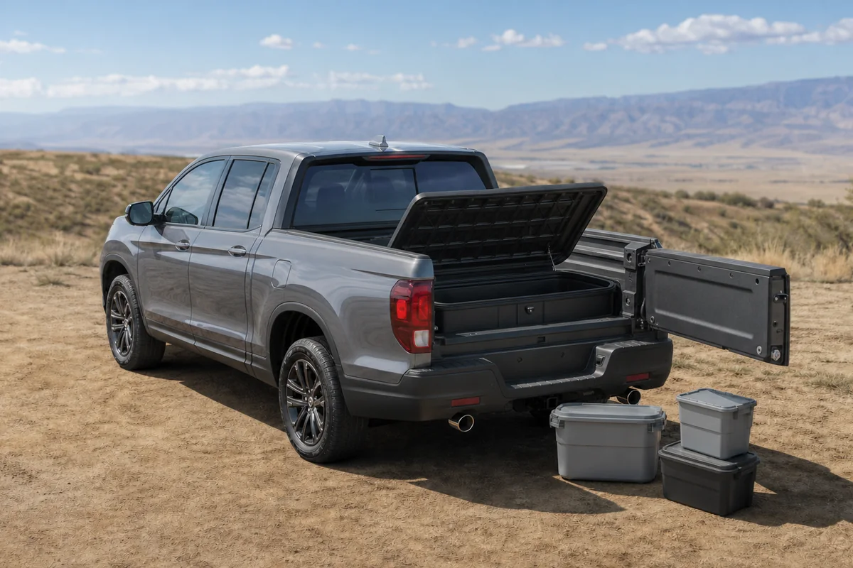 2026 Honda Ridgeline bed with dual-action tailgate open and in-bed trunk arranged for a cargo test - Honda Ridgeline