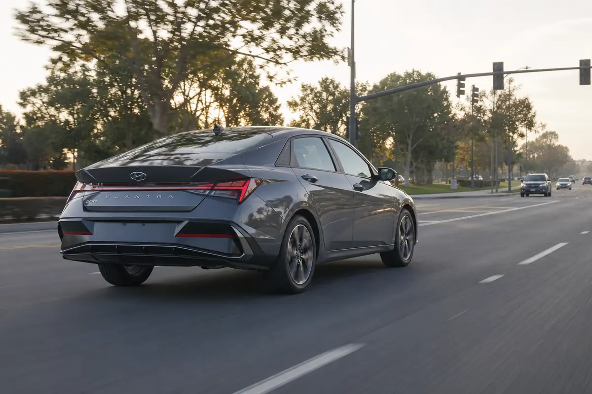 Hyundai Elantra accelerating gently along a broad suburban boulevard