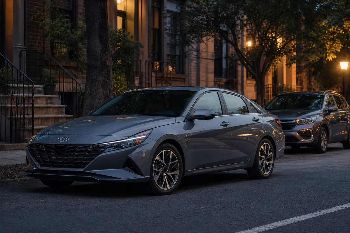 Hyundai Elantra parked on a well-lit residential city street at blue hour