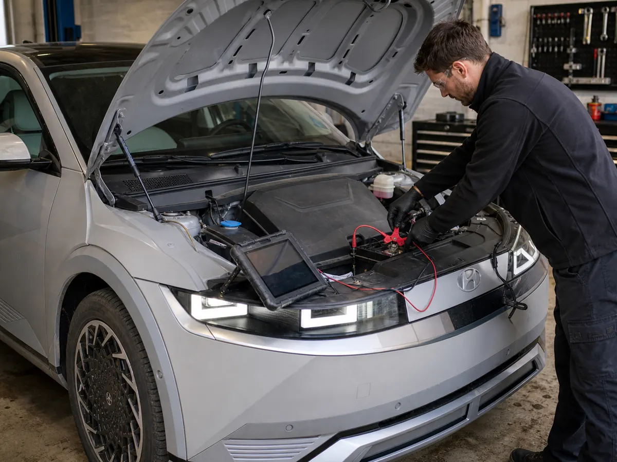 Technician testing an EV 12-volt battery and scanning charging-system faults - Hyundai Ioniq 5