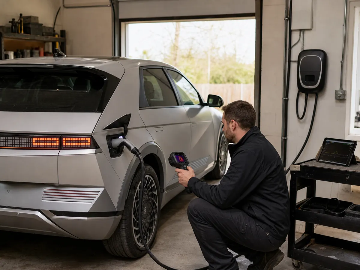 EV technician monitoring Level 2 charging power and connector temperature - Hyundai Ioniq 5