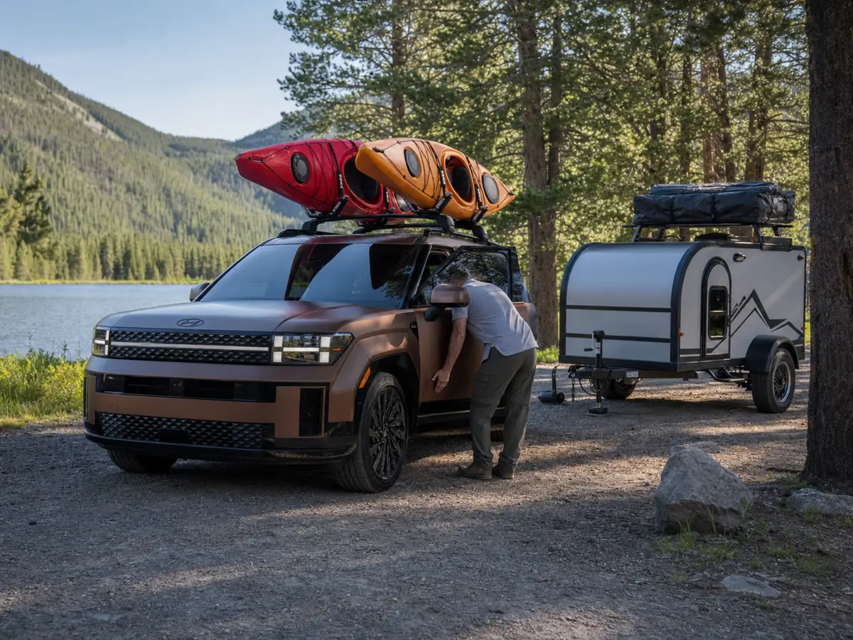 Hyundai Santa Fe XRT beside a loaded camping trailer and scale