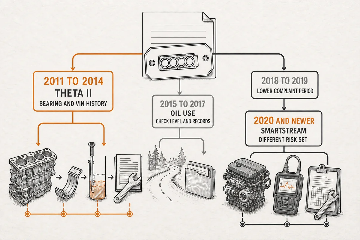 Diagram separating Hyundai Sonata engine-family risk and evidence by year - Hyundai Sonata