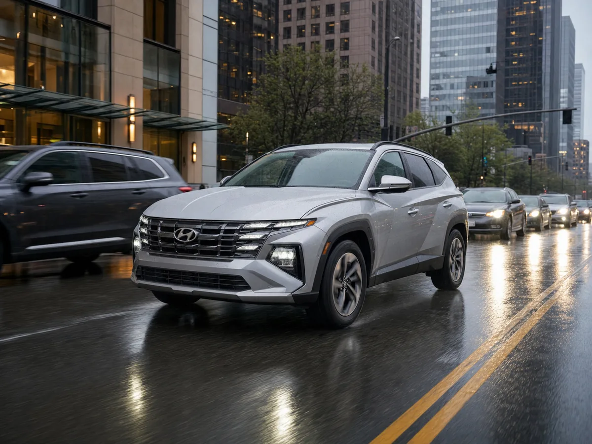 Hyundai Tucson Hybrid moving through stop-and-go city traffic on a rainy morning