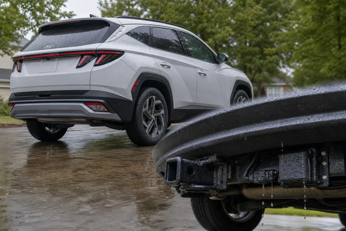 Tow-hitch wiring module and water-entry path beneath rear bumper - Hyundai Tucson