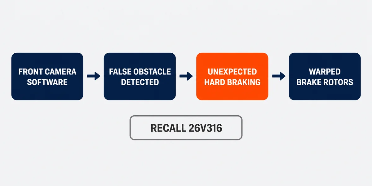 Diagram of the Hyundai Tucson braking chain from front camera software to warped rotors, with recall 26V316