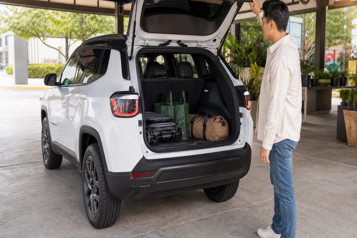 2026 Jeep Compass seats-up cargo area with stroller, grocery totes, and duffel