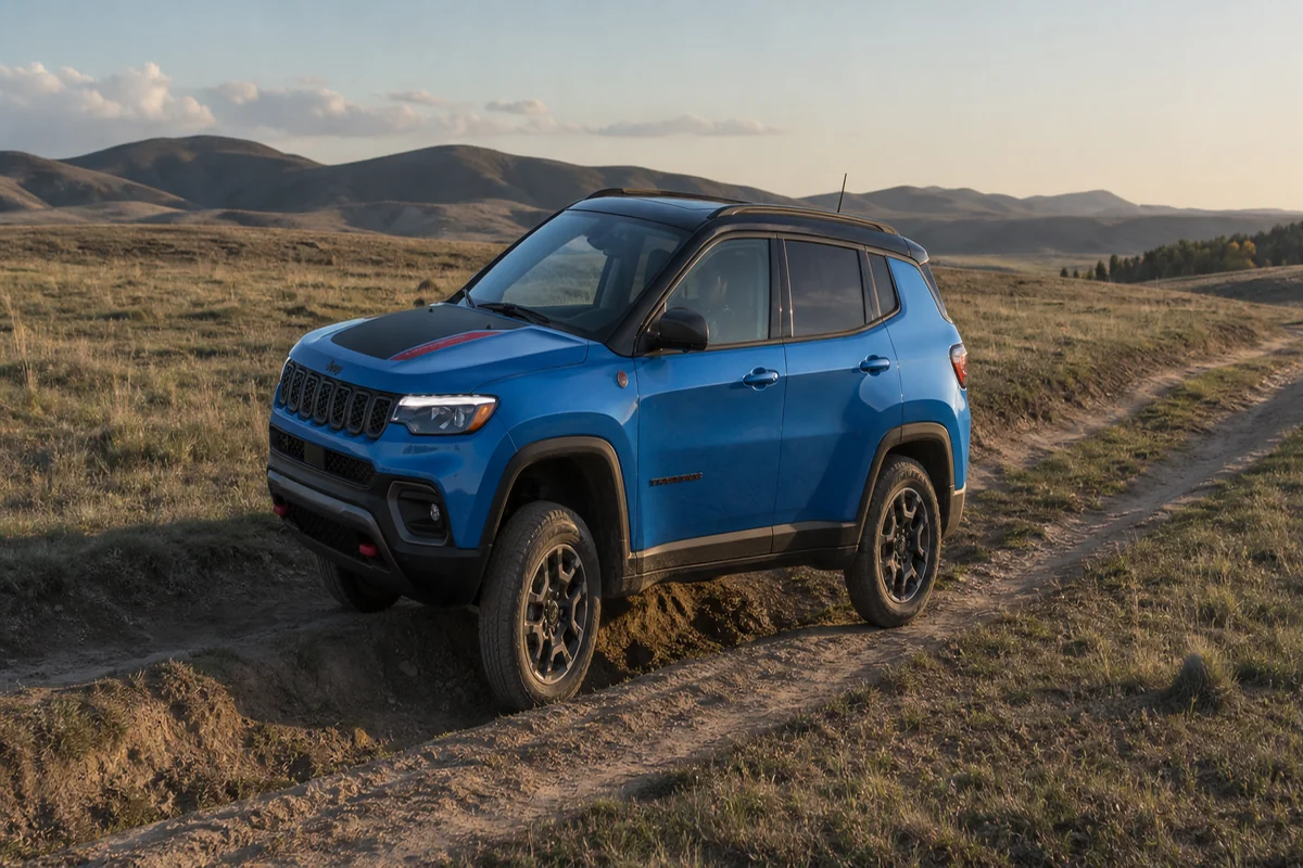 2026 Jeep Compass Trailhawk crossing a shallow dry rut beside a bypass