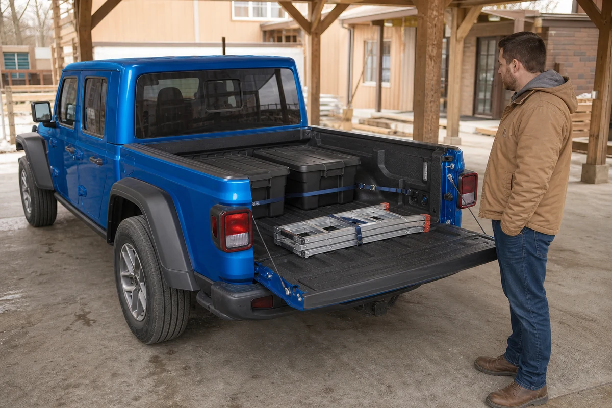 2026 Jeep Gladiator five-foot bed with secured totes and a folded work ladder