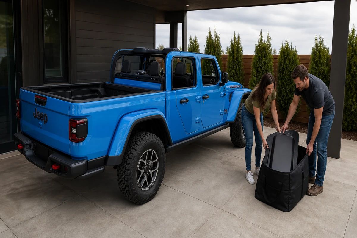 2026 Jeep Gladiator with roof panels being placed into protective storage