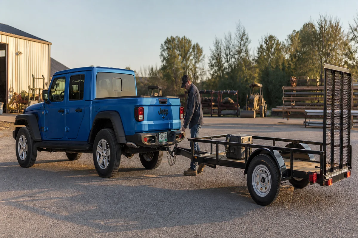 2026 Jeep Gladiator Sport S Max Tow parked with a modest utility trailer