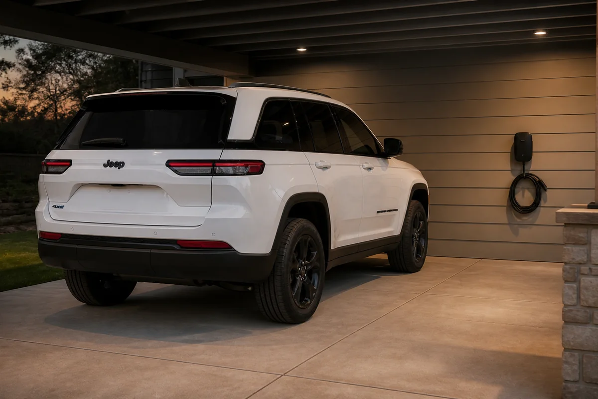 2025 Jeep Grand Cherokee 4xe parked beside a home Level 2 wallbox