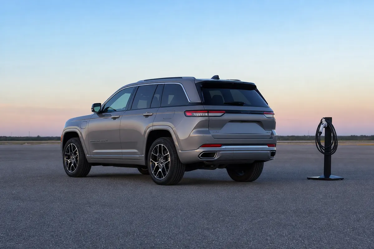 Jeep Grand Cherokee 4xe parked outdoors away from structures with no charging cable connected