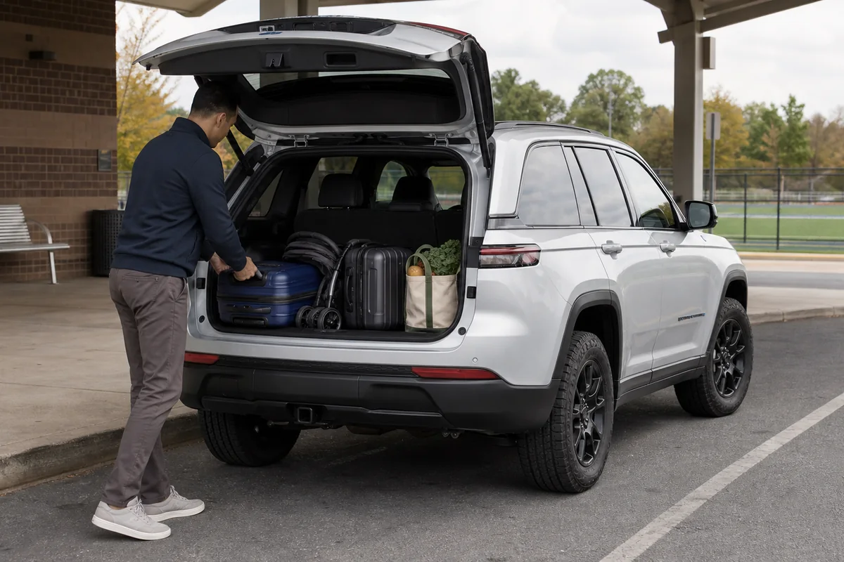2025 Jeep Grand Cherokee 4xe seats-up cargo area with stroller and travel bags