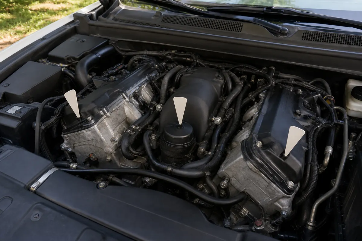 V6 engine bay showing the oil filter cap, central valley, and valve cover edges