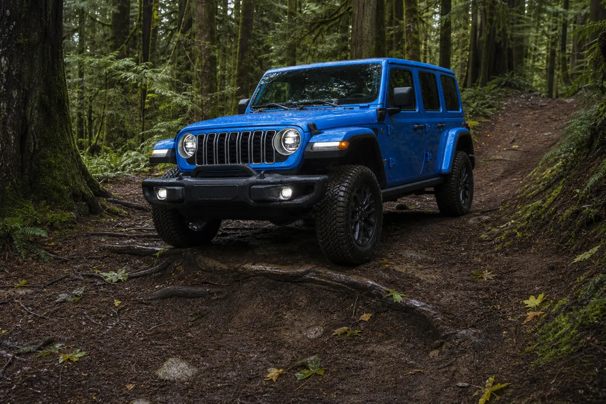 2025 Jeep Wrangler 4xe Rubicon crossing a shallow forest root step