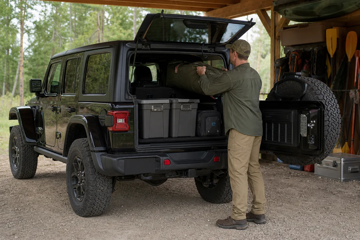 2025 Jeep Wrangler 4xe seats-up cargo area with camping bins and duffel