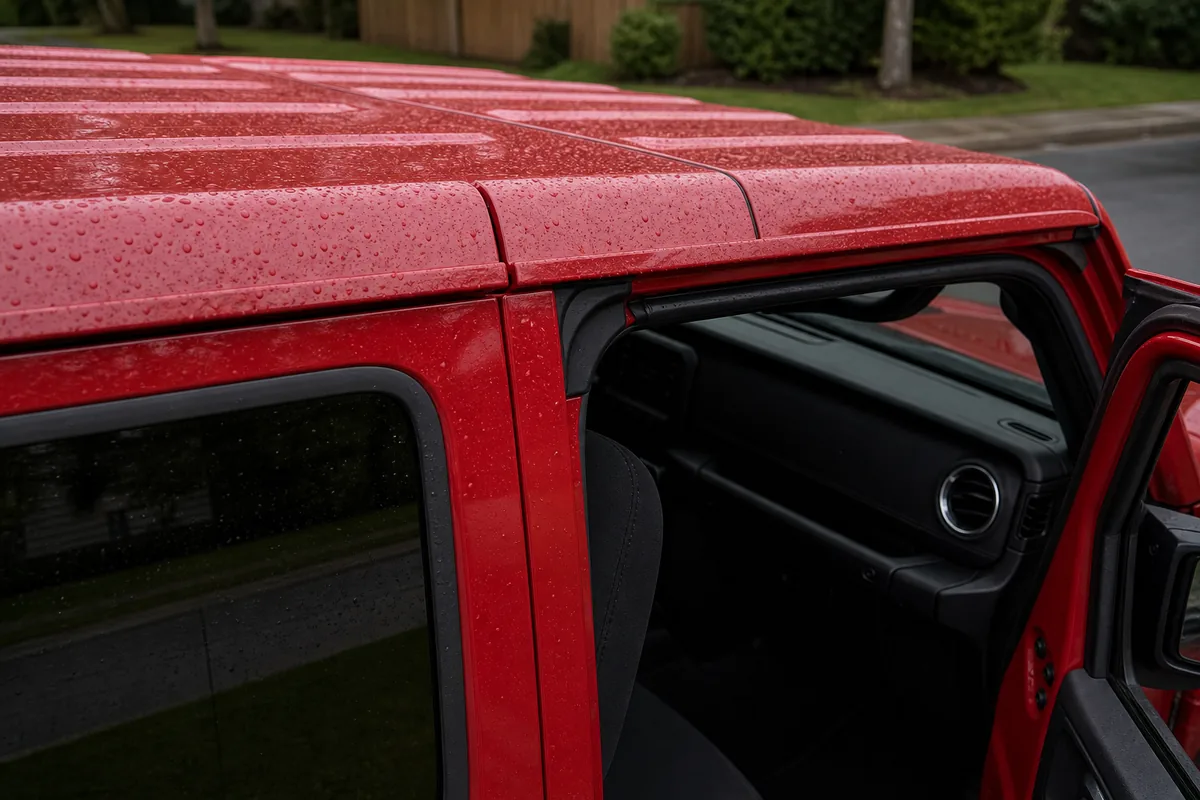 Jeep Wrangler hardtop joint and B-pillar checked for water entry after rain
