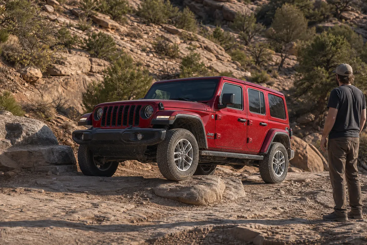 Jeep Wrangler articulating over sandstone during low-speed off-road use