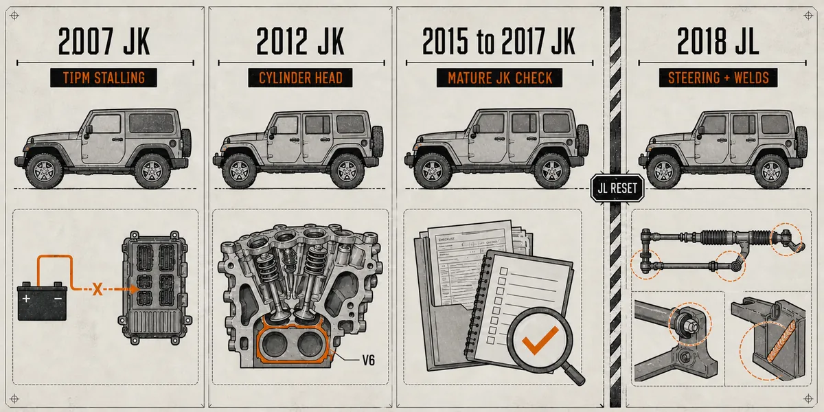 Jeep Wrangler JK and JL year groups mapped to electrical, cylinder head, mature JK, steering, and weld evidence - Jeep Wrangler