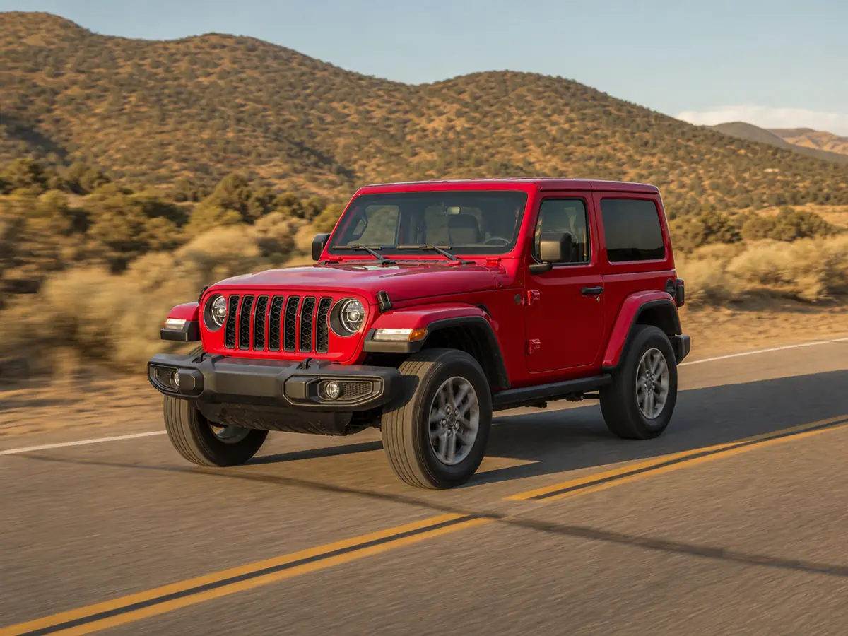 Two-door off-road SUV crossing a shallow seam on a rural road - Jeep Wrangler