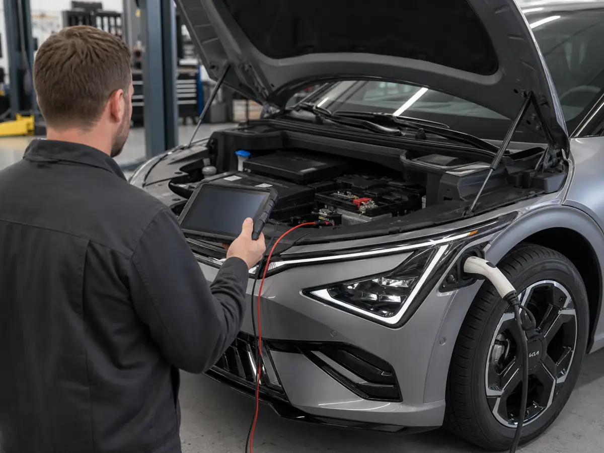 Technician testing the Kia EV6 12-volt battery and charging system during an ICCU recall check - Kia EV6
