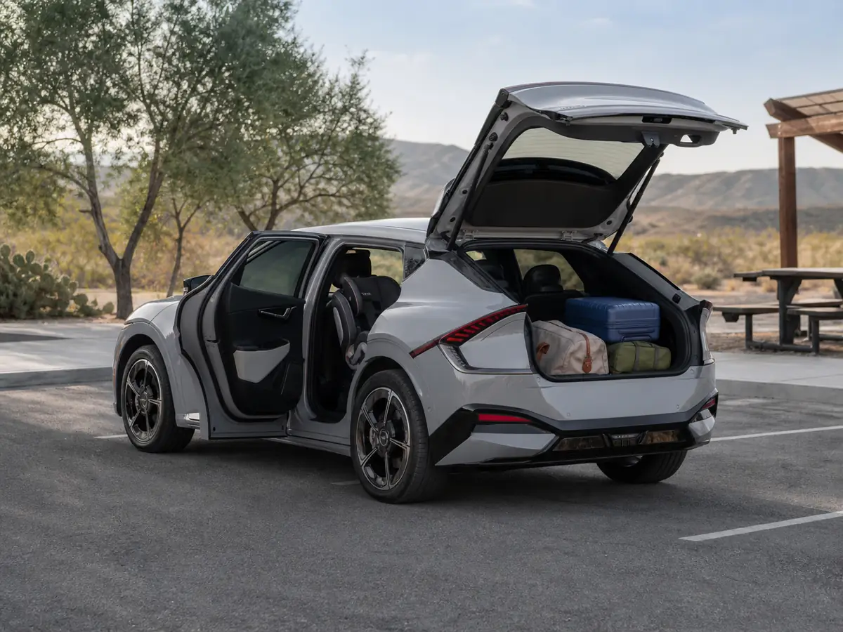 Kia EV6 rear seat and cargo area loaded for a family road trip - Kia EV6