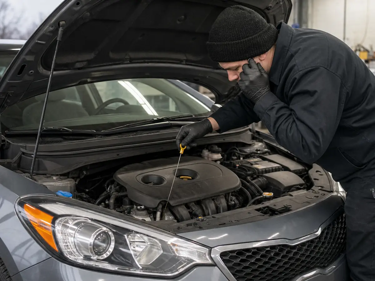 Technician checking oil condition and listening to a cold compact-car engine - Kia Forte