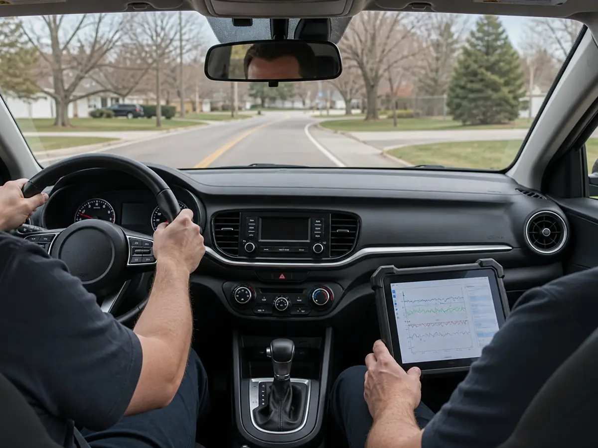 Mechanic reviewing transmission data after a compact sedan road test - Kia Forte
