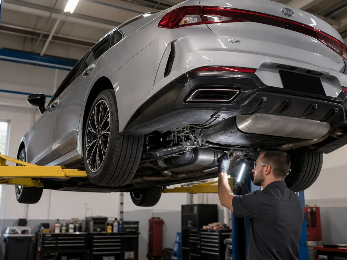 Technician inspecting fuel-tank clearance and exhaust heat area under a midsize sedan - Kia K5