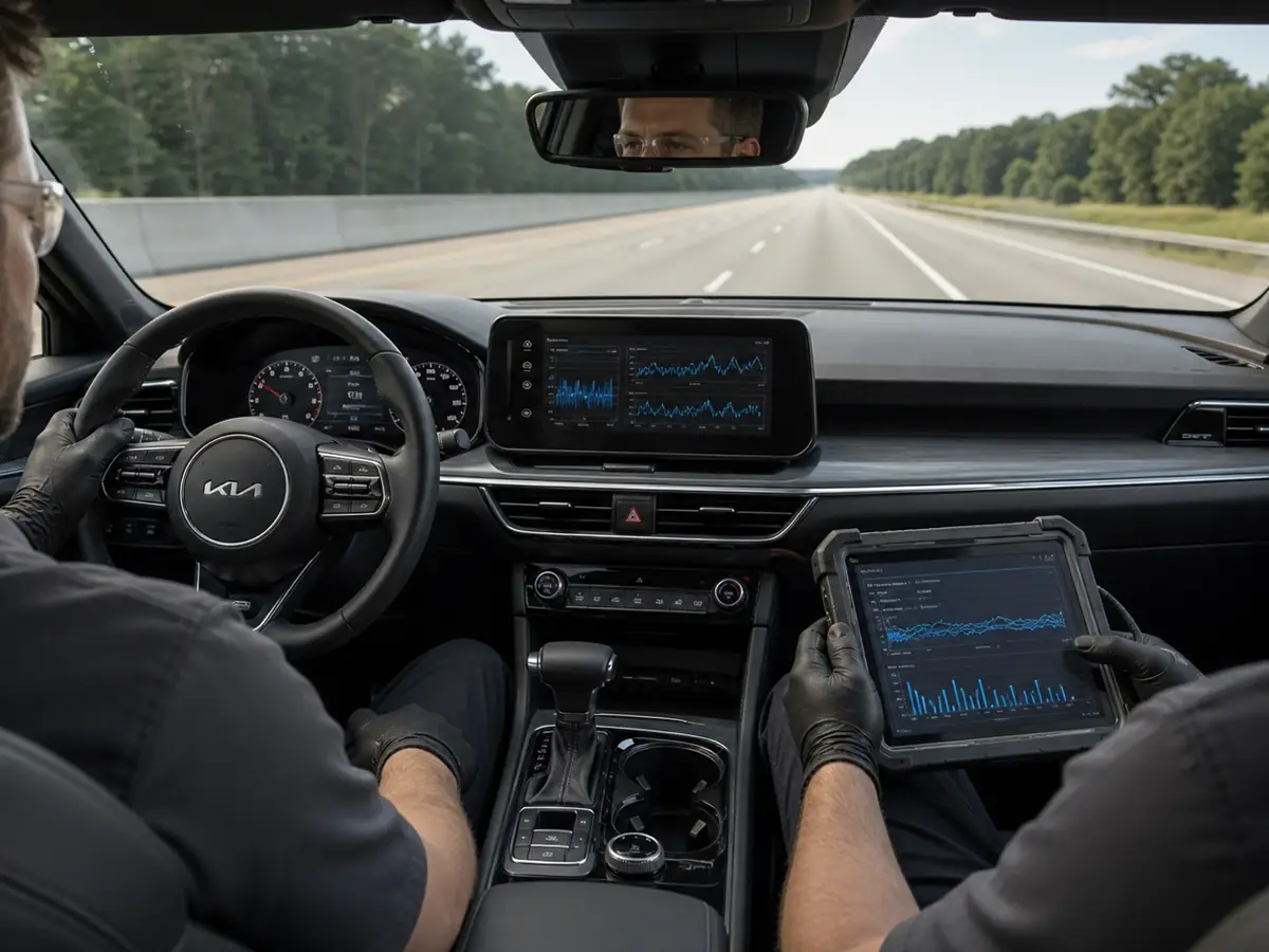 Mechanic reviewing dual-clutch transmission data after a performance-sedan road test - Kia K5