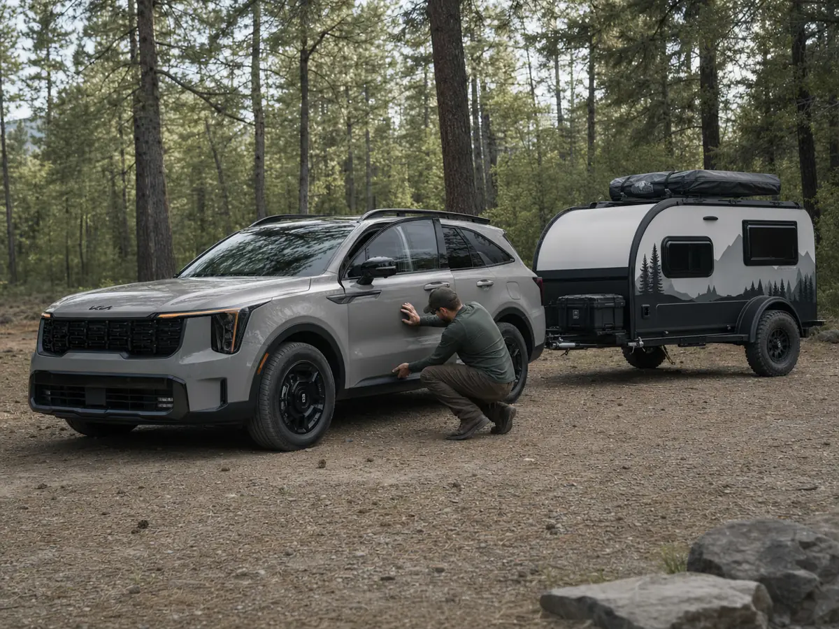 Turbo Kia Sorento beside a loaded family trailer at a scale