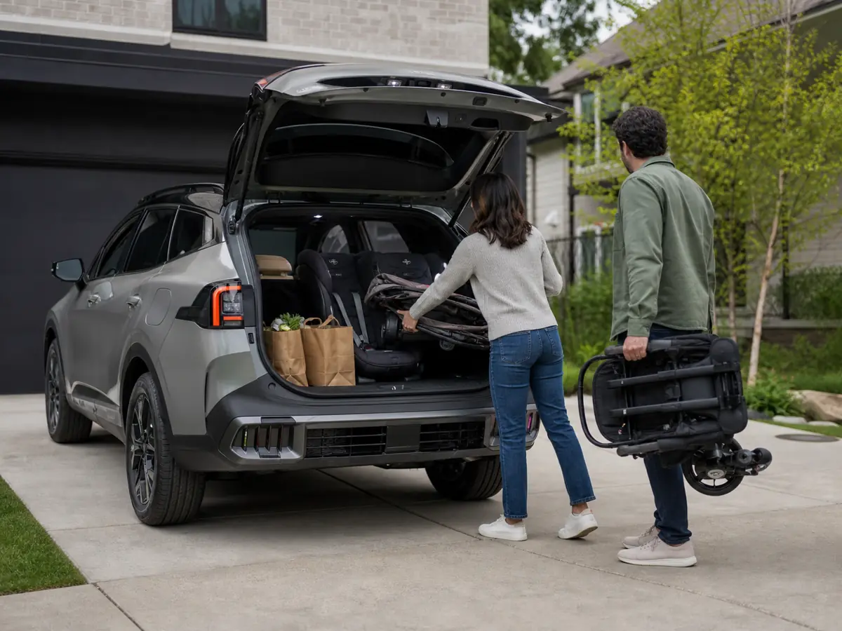 Family loading child seats and a stroller into a Kia Sportage