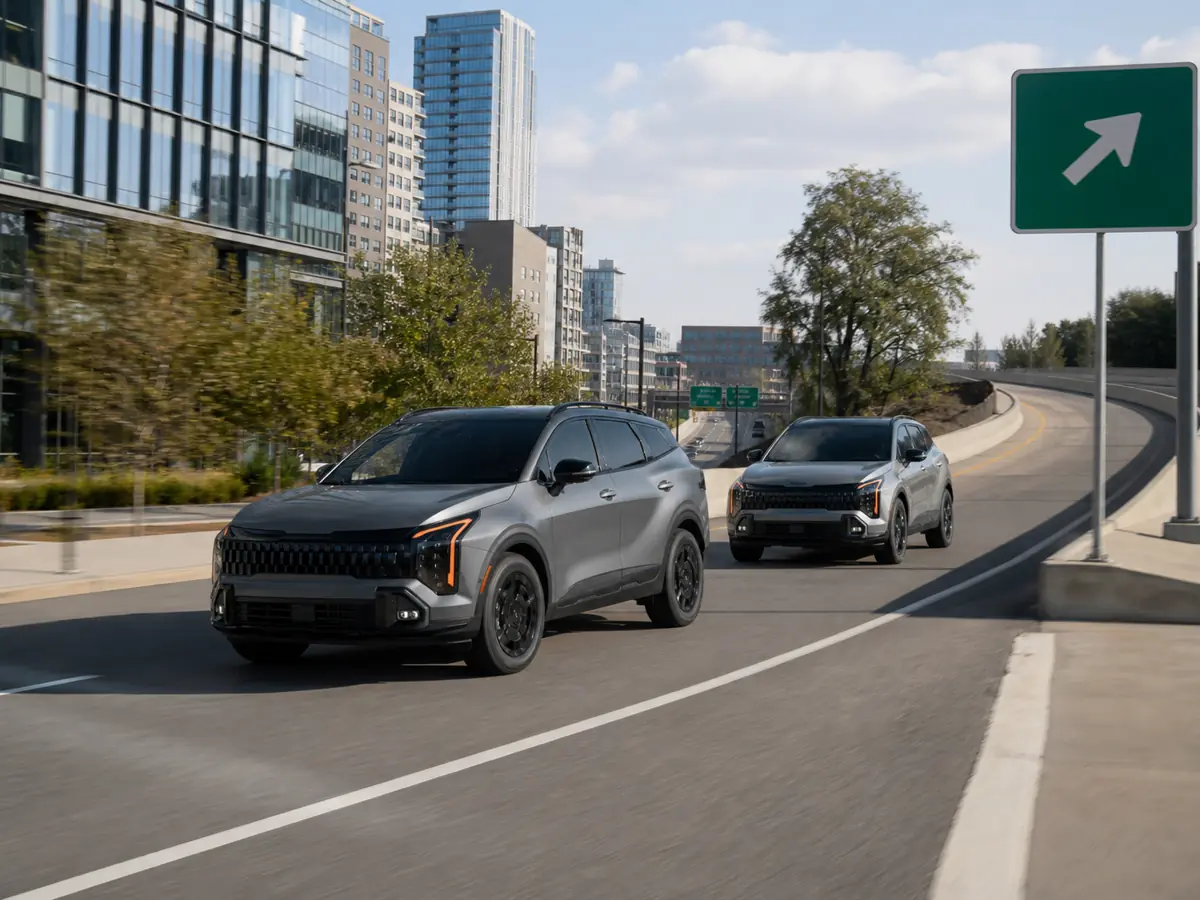 Gas and hybrid Kia Sportage models on an urban-to-highway test route